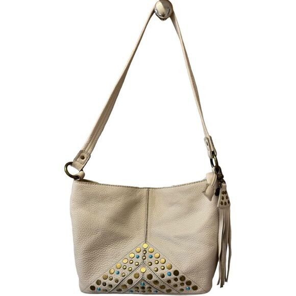 Vintage  The Sak Cream Leather with Gold and Turquoise Stud and Fringe Boho Bag - Picture 1 of 10